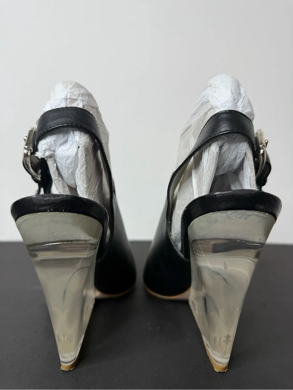 Nine West Black Leather Open-Wedge Slide Sandals with Clear Heel